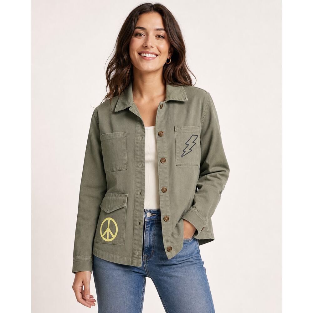 Ascot and Hart Utility Jacket XS Olive Green Military Peace Sign Lightning Bolt